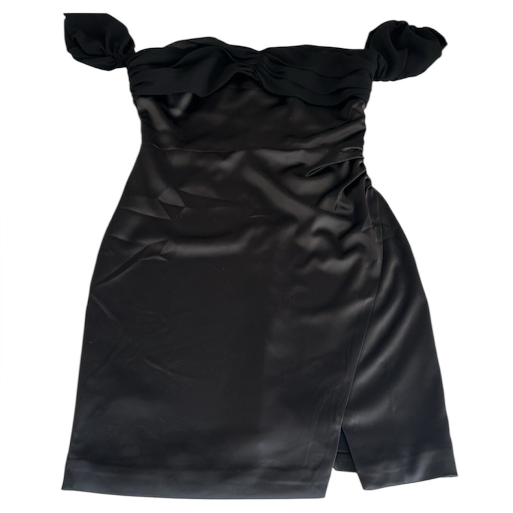 VICI Off the Shoulder Satin Black Mini Dress